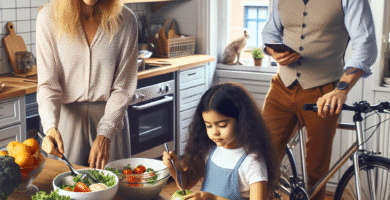 En nordisk hverdagsscene: en familie som lager sunn mat sammen i et lyst kjøkken, med sykkel ved døren og en notatbok med ukeplan på bordet