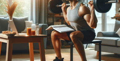 Portrett av en voksen person som gjør styrketrening i et lyst hjemmegym, sunn mat og notatbok i bakgrunnen, varm naturlig lyssetting, realistisk stil