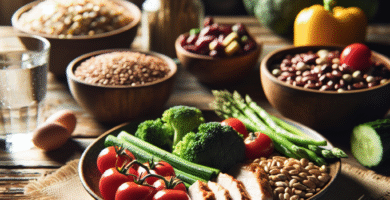 Nærbilde av en balansert middag med grønnsaker, fullkorn og magert protein på et rustikt bord, naturlig lys, varm og innbydende stemning